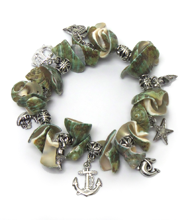 NATURAL SEA SHELL AND ANCHOR CHARM BRACELET