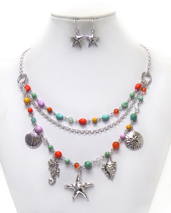 MULTI LAYER SEA LIFE DROP CHARMS NECKLACE SET 