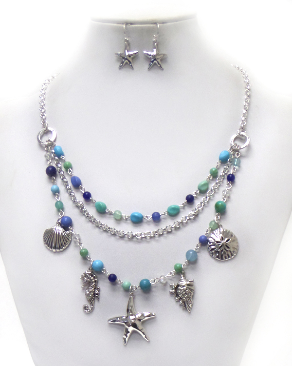 MULTI LAYER SEA LIFE DROP CHARMS NECKLACE SET