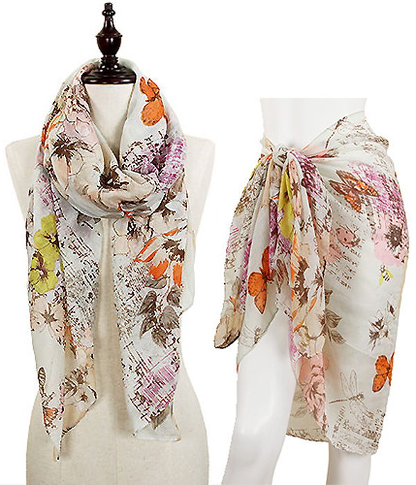 FLOWER AND BUTTERFLY OBLONG SCARF - 100% VISCOSE