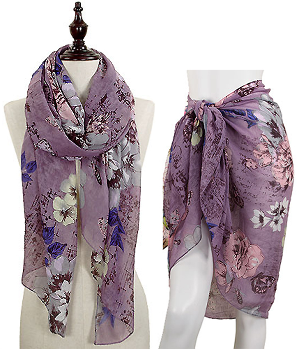 FLOWER AND BUTTERFLY OBLONG SCARF - 100% VISCOSE