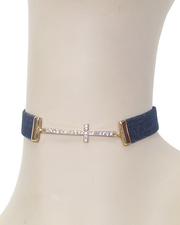 CRYSTAL CROSS AND DENIM CHOKER NECKLACE