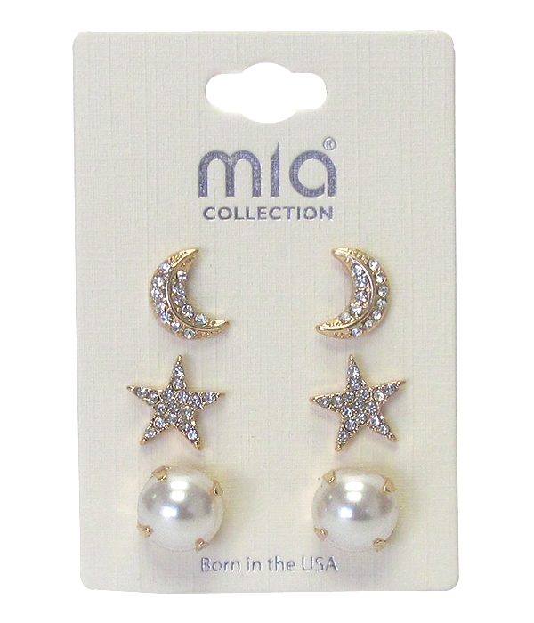 CRYSTAL MOON AND STAR 3 PAIR EARRING SET