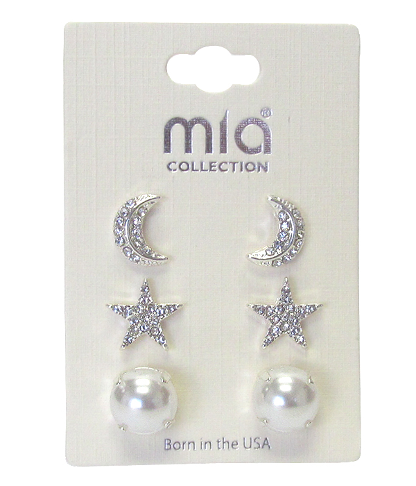 CRYSTAL MOON AND STAR 3 PAIR EARRING SET