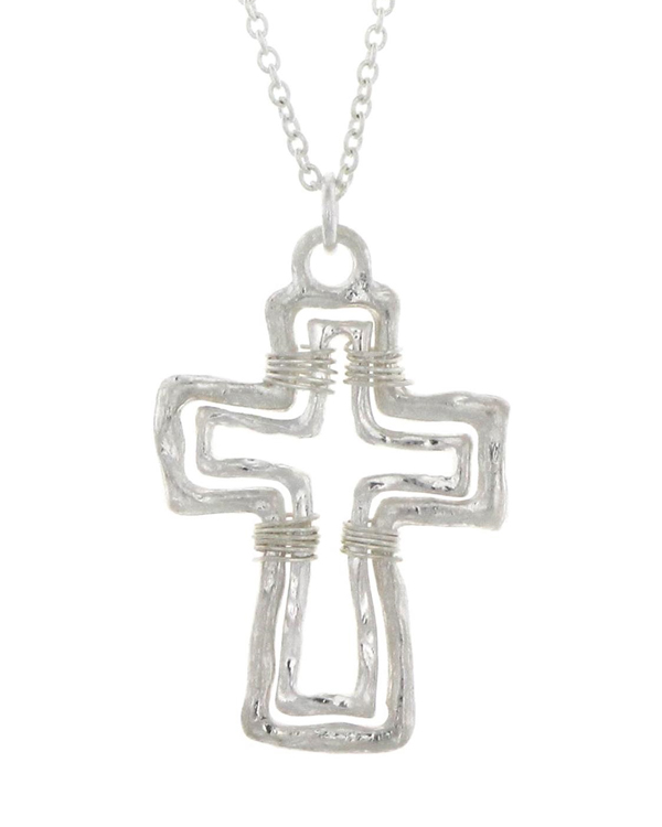 HANDMADE WORN SILVER LAYERED AND WIRE WRAP CROSS NECKLACE