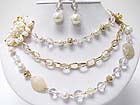 TRIPLE LAYER PEARL BEADS FLOWER LONG NECKLACE SET
