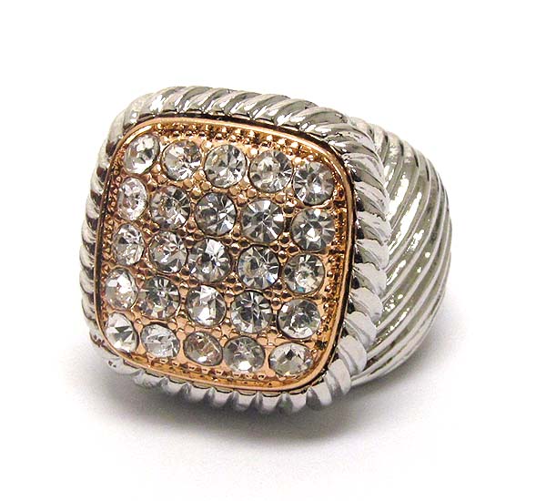 MULTI CRYSTAL SQUARE METAL TEXTERED PUFFY STRETCH RING