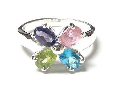 925 STERLING SILVER FOUR STONE CUBIC ZIRCONIA RING ( COLOR ASSORTED )