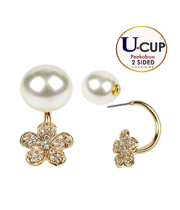CRYSTAL FLOWER AND PEARL DOUBLE SIDED FRONT AND BACK U CUP EARRING