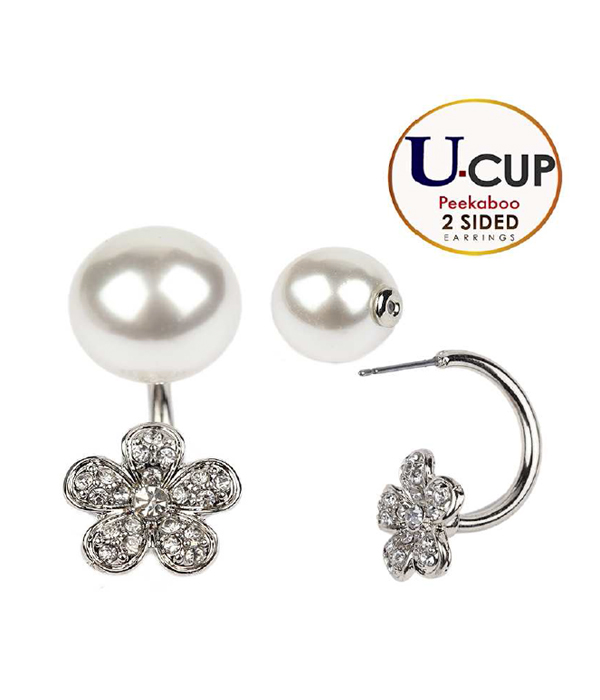 CRYSTAL FLOWER AND PEARL DOUBLE SIDED FRONT AND BACK U CUP EARRING