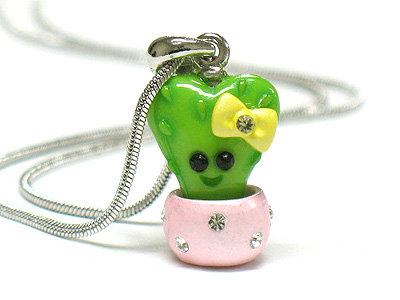MADE IN KOREA WHITEGOLD PLATING CRYSTAL AND HAND ENAMEL MINIATURE  CACTUS PENDANT NECKLACE
