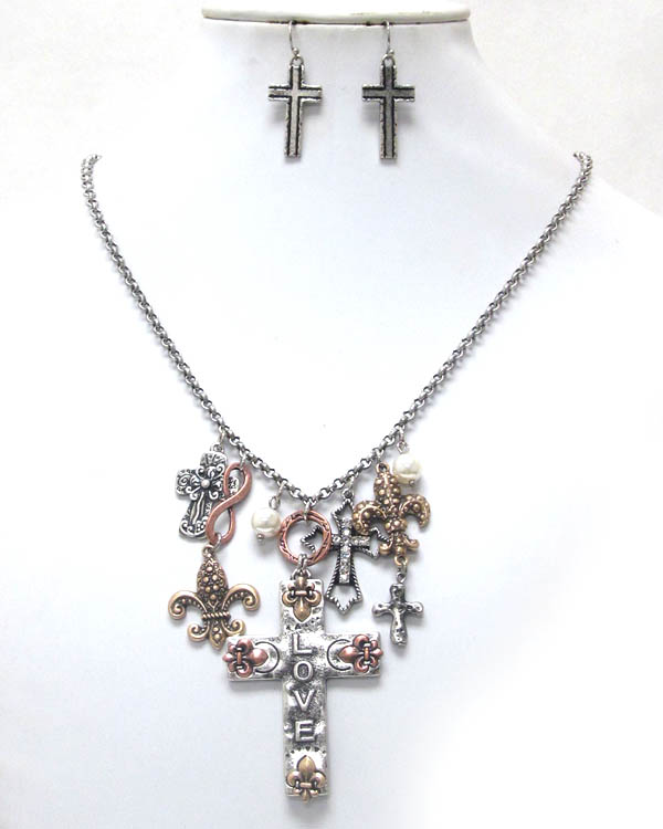 MIXED CROSS CHARMS DANGLE NECKLACE EARRIGN SET