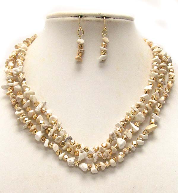 MULTI NATURAL STONE AND METAL SEED BEAD TRIPLE CHAIN NECKLACE EARRING SET
