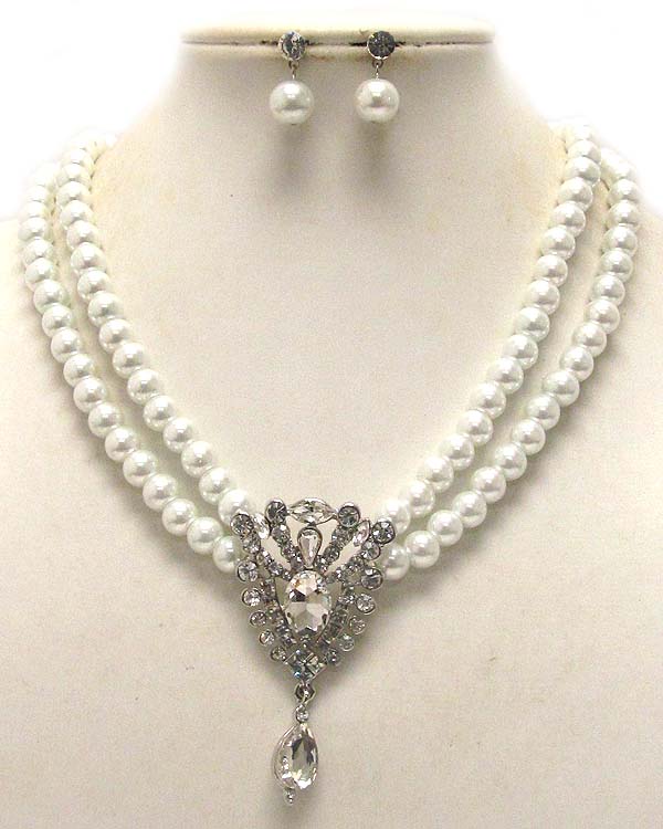 TWO LAYER PEARL WITH CRYSTAL TRIANGEL MULTI SIZE CRYSATL NECKLCE EARRING SET