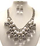 MULTI PEARL AND METAL BALLS WITH CLEAR ACRYL TEAR PATTERN THREE LAYER DROP CHAIN NECKLACE EARRING SET