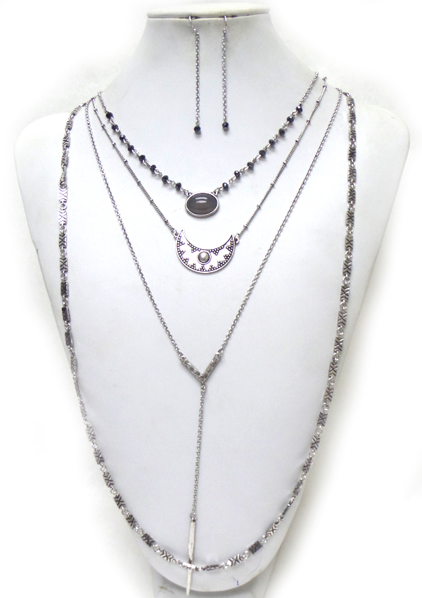 BOHEMIAN STYLE 4 LAYERED CHARM AND HANGING CHAIN NECKLACE SET 
