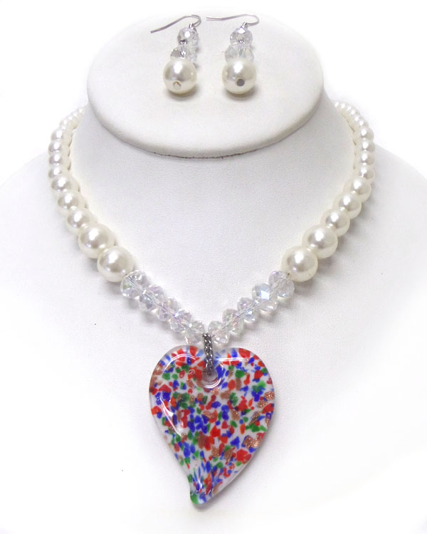 MURANO GLASS HEART AND PEARL NECKLACE SET