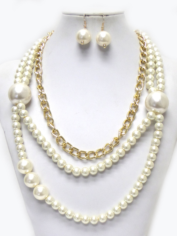 THREE LAYER CHAIN AND PEARL NECKLACE SET
