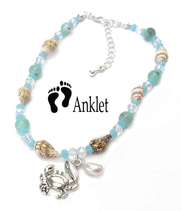SEALIFE THEME MULTI BEAD AND SHELL ANKLET - CRAB