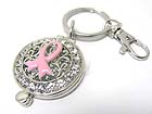 CRYSTAL PINK RIBBON FILIGREE ROUND METAL LOCKET KEY CHAIN CHARM