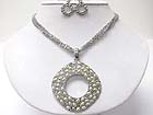PEARL AND CRYSTAL STID ROUND METAL PENDANT MULTI METAL STRAND NECKLACE EARRING SET