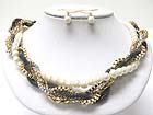PEARL BALL AND BRAIDED METAL BOX CHAIN NECKLACE EARRING SET