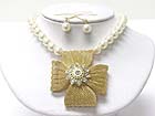 CRYSTAL STUD METAL MESH CROSS PENDANT BALL NECKLACE SET
