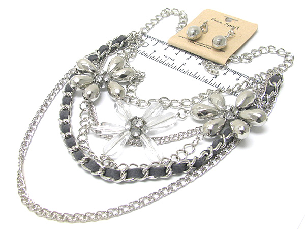 CRYSTAL ON CERAMIC AND METAL FLOWERS ON MULTI CHAIN BRAIDED FABRIC NECKLACE EARRING SET
