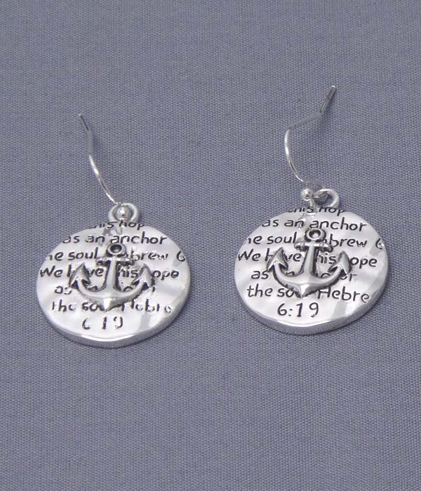 RELIGIOUS MESSAGE DISK EARRING - HEBREW 6:19