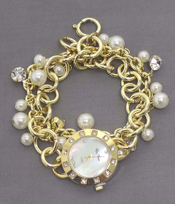 CRYSTAL AND MOP FACE AND MULTI CHAIN AND PEARL DANGLE BAND WATCH
