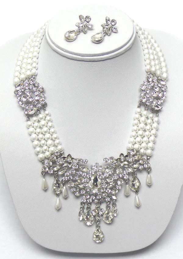LUXURY CLASS VICTORIAN STYLE AUSTRIAN CRYSTAL AND 4 LAYER PEARL CHAIN NECKLACE EARRING SET