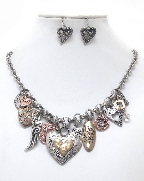VINTAGE STYLE LOVE THEME MULTI CHARM CHICO STYLE NECKLACE EARRING SET