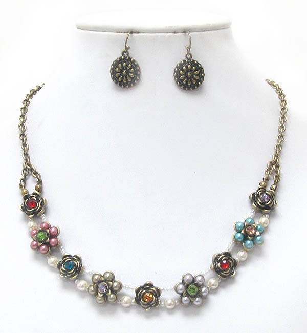 MULTI PEARL AND CRYSTAL CENTER FLOWER LINK NECKLACE EARRING SET