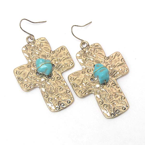 VINTAGE METAL TURQUOISE CENTER AND TEXTURED CROSS EARRING