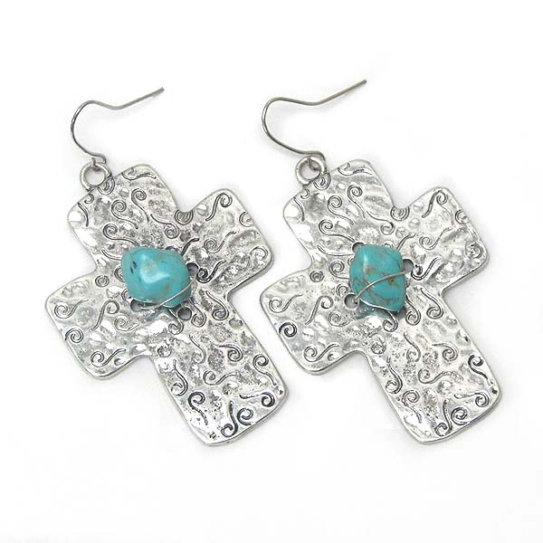 VINTAGE METAL TURQUOISE CENTER AND TEXTURED CROSS EARRING
