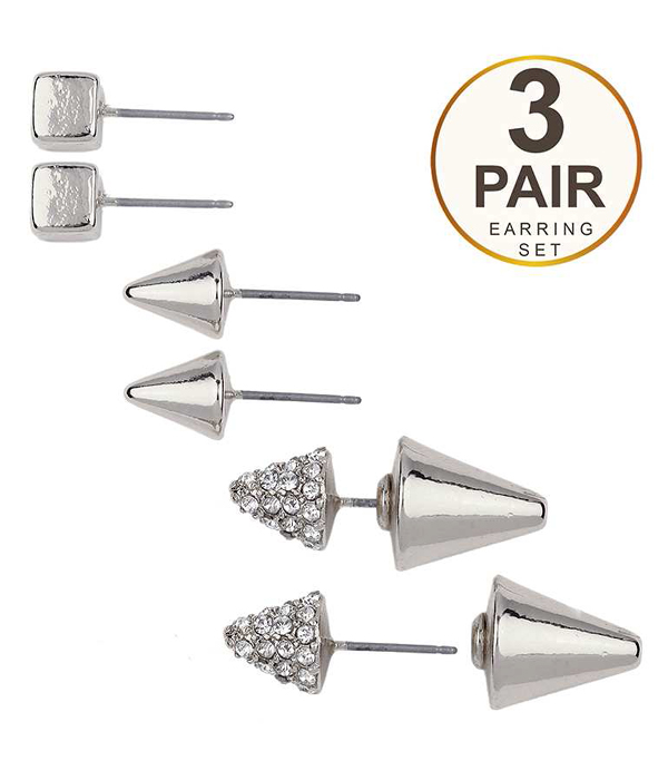 CRYSTAL SPIKE DOUBLE SIDED FRONT AND BACK 3 PAIR EARRING SET