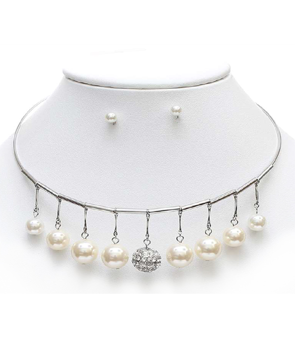 CRYSTAL FIREBALL AND PEARL DROP CHOCKER NECKLACE SET