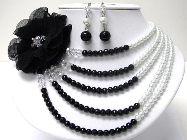 CRYSTAL CENTERED FABRIC FLOWER AND MULTI PEARL CHAIN NECKLACE EARRING SET