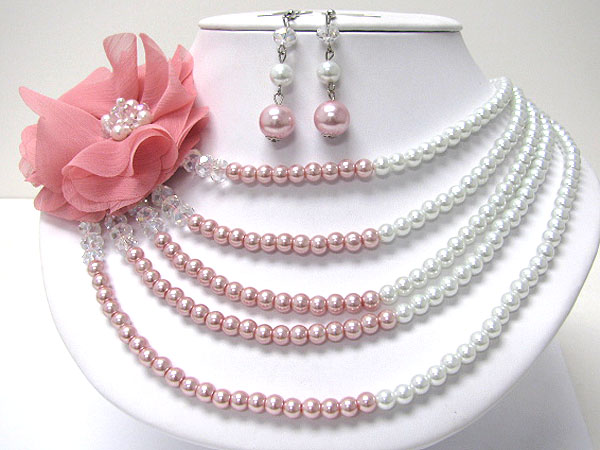 CRYSTAL CENTERED FABRIC FLOWER AND MULTI PEARL CHAIN NECKLACE EARRING SET