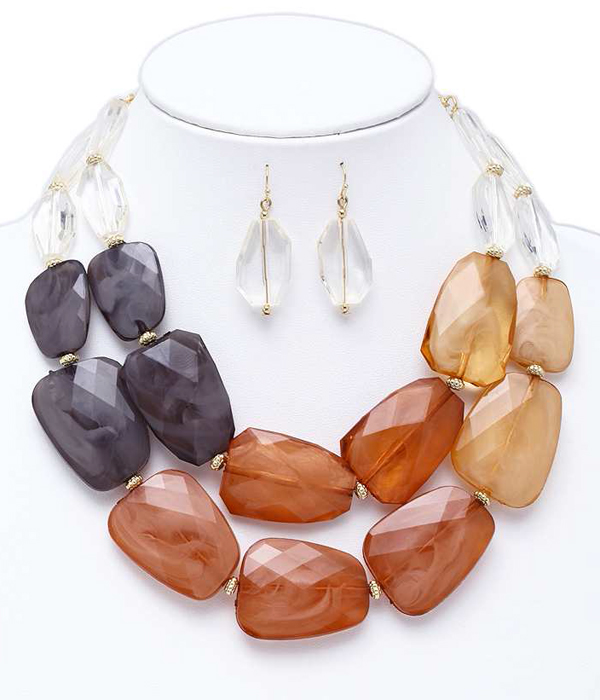 CHUNKY MULTI COLOR FACET RESIN STONE DOUBLE CHAIN NECKLACE EARRING SET