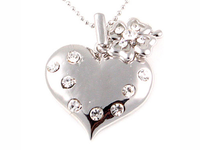 WHITEGOLD PLATING CRYSTAL HEART AND CLOVER NECKLACE