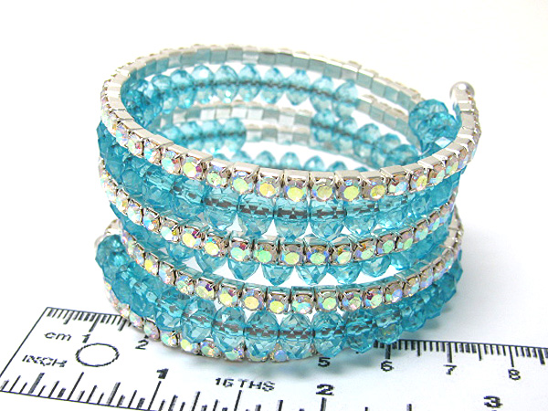 FOUR ROW RHINESTONE AND FACET CLASS BEAD COILED STRETCH BRACELET