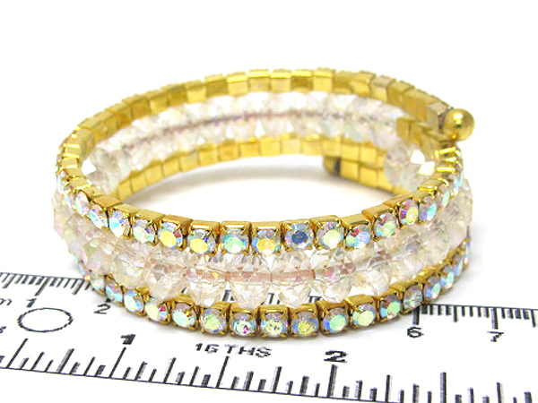 TWO ROW CRYSTAL AND FACET GLASS BEAD COILED STRETCH BRACELET