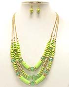 MULTI COLORED RUBBER AND METAL WITH CRYSTAL GLASS THREE LAYER DROP CHAIN NECKLACE EARRING SET