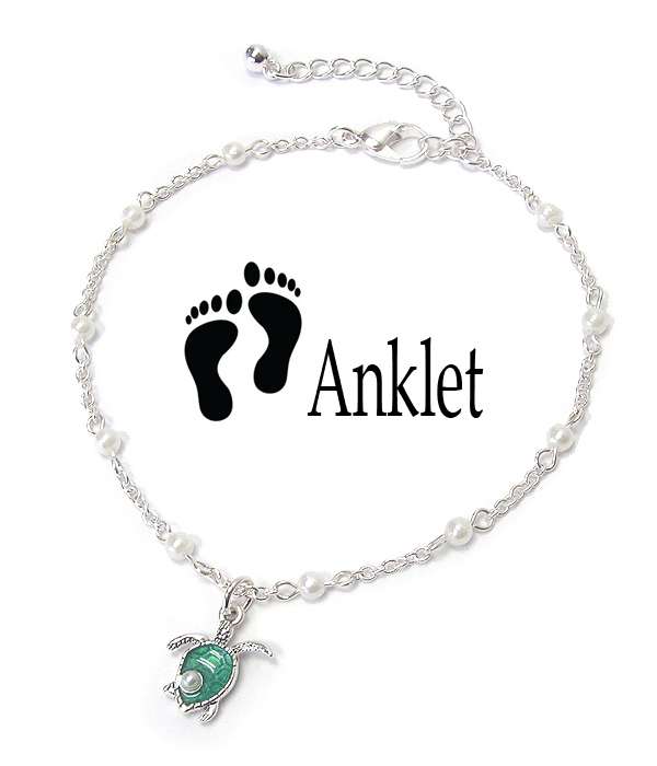 SEALIFE THEME CHARM ANKLET - PEARL AND TURTLE