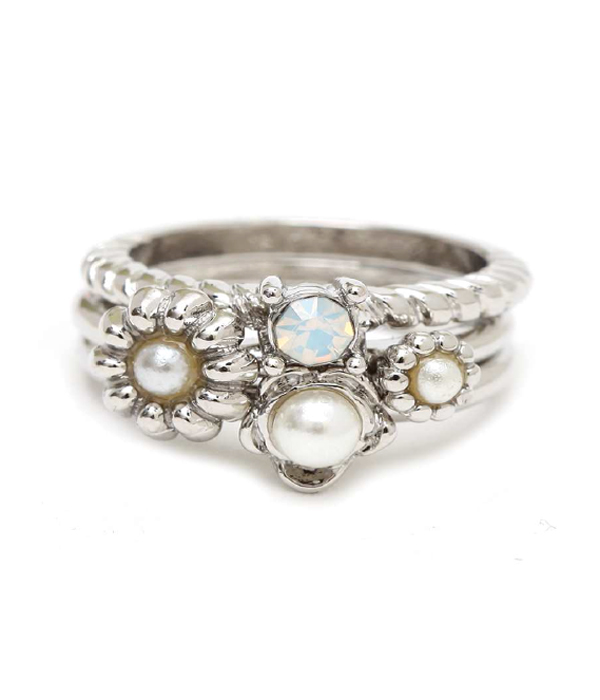 CRYSTAL AND PEARL MIX STACKABLE MULTI RING COMBO SET OF 3