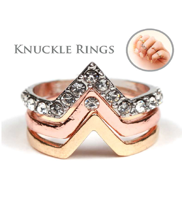 CRYSTAL CHEVRON KNUCKLE STACKABLE MULTI RING COMBO SET OF 3