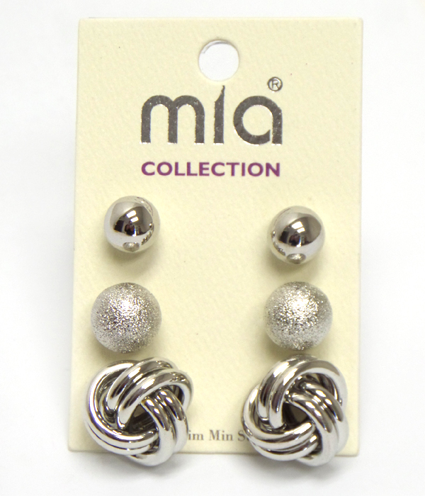 METAL KNOT AND BALL MIX EARRING SET OF 3