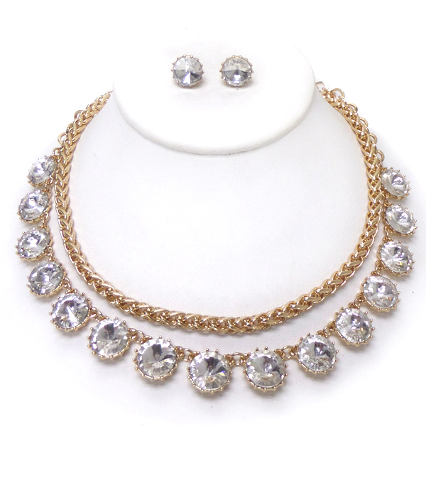 TWO LAYER CHAIN AND ROUND CRYSTALS LINKED NECKLACE SET