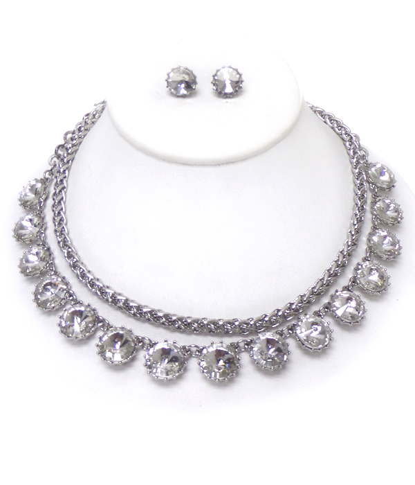 TWO LAYER CHAIN AND ROUND CRYSTALS LINKED NECKLACE SET 